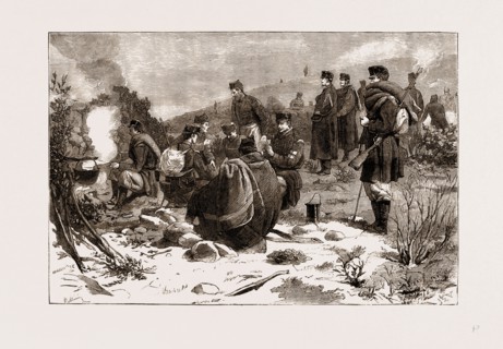 THE CIVIL WAR IN SPAIN, 1875: ALPHONSIST TROOPS AT DINNER IN THE CAMP ON MOUNT ESQUINZA