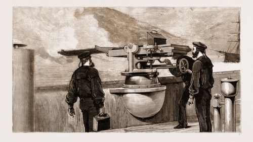 OUR MEDITERRANEAN FLEET: PRACTICE WITH THE NORDENFELDT GUN ON BOARD H.M.S. "MONARCH", 1881