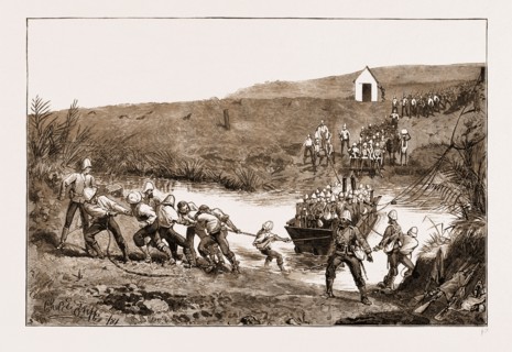 THE REVOLT IN THE TRANSVAAL, SOUTH AFRICA, 1881: BRITISH TROOPS CROSSING A RIVER