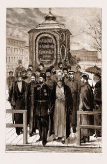 THE PERSIAN ENVOY VISITING THE SHRINE MARKING THE SPOT WHERE THE LATE CZAR ALEXANDER II. OF RUSSIA