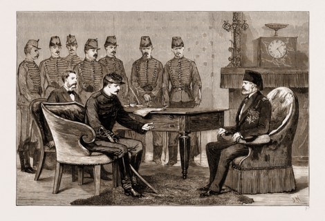 THE FRENCH OCCUPATION OF TUNIS, THE BEY SIGNING THE TREATY WITH FRANCE AT THE BARDO PALACE, MAY 12,