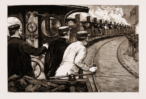 THE STEPHENSON CENTENARY CELEBRATION AT NEWCASTLE-ON-TYNE: PROCESSION OF LOCOMOTIVES PASSING THE