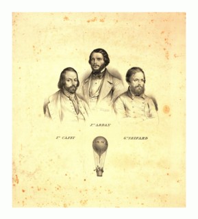 Portraits of three balloonists Ippolito Caffi, Francesco Arban, and G. Seiffard, with a small view
