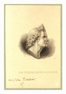 Bust-length double profile portrait of the Montgolfier brothers, French ballonists. After the gold