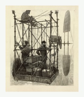 Albert Tissandier (left), Gaston Tissandier (right), and an unidentified man in the basket of their