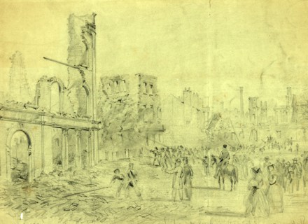 Richmond Firemen pushing down the remains of the burnt dwellings Capital Square, 1865 ca. April,