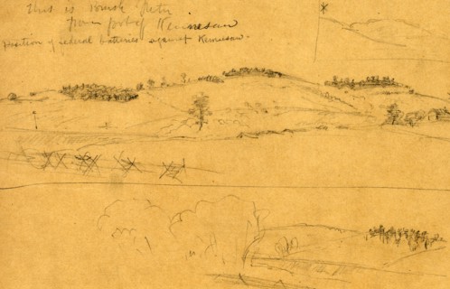 This is Brush Mountain from foot of Kennesaw. Position of federal batteries against Kennesaw, 1864