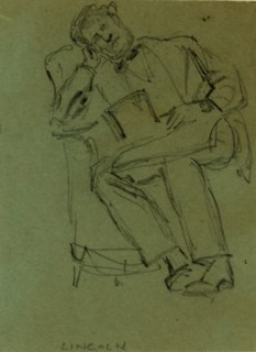 Lincoln resting in chair, top hat in lap, 1862-1865, by Alfred R Waud, 1828-1891, an american
