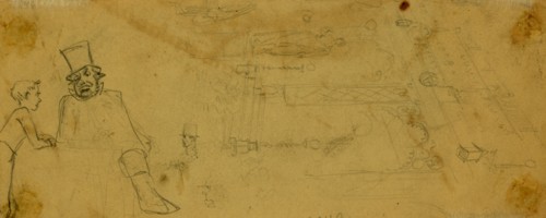 Facade of a building; little boy with two men in top hats, between 1860 and 1865, drawing on cream