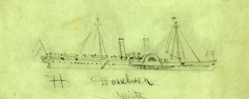 Steamship Ft. Donelson, ca. 1864, drawing on blue-gray paper pencil, 7. x 17.5 cm. (sheet), by