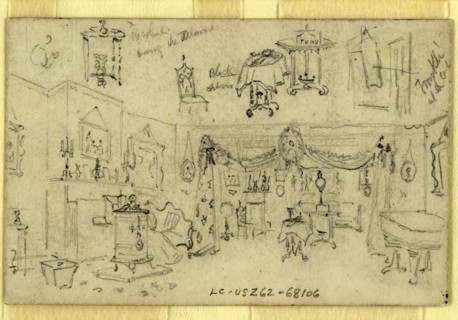Parlor, Abraham Lincoln home, Springfield, Illinois, 1865 May, drawing on cream paper pencil, 9.9 x