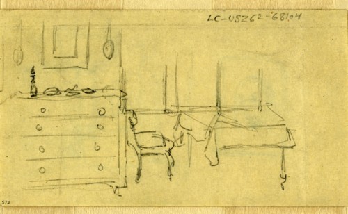 Bedroom, Abraham Lincoln home in Springfield, Illinois, 1865 May, drawing on cream paper pencil, 6
