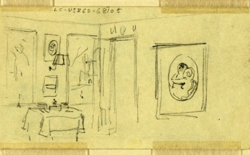 Room interior in Abraham Lincoln's home, Springfield, Illinois, 1865 May, drawing on cream paper