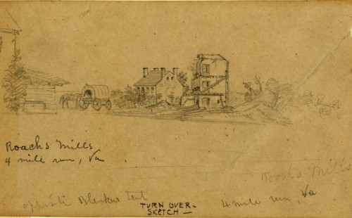 Roachs Mills. 4 mile run Va,  1861-1863, drawing, 1862-1865, by Alfred R Waud, 1828-1891, an