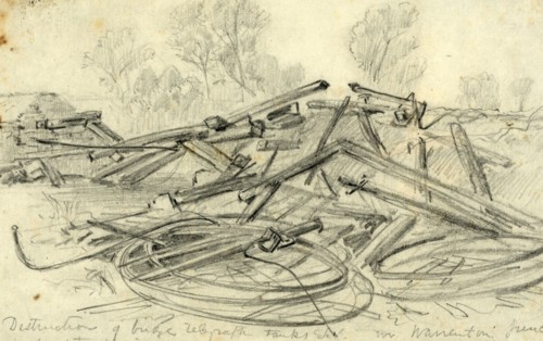 Destruction of bridge telegraph tanks Etc. in Warrenton Junction, 1863 ca August, drawing,