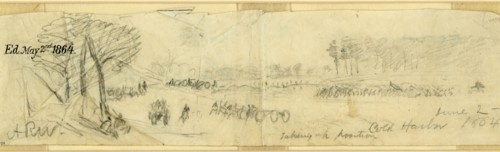 Taking up position, Cold Harbor, June 2, 1864, drawing, 1862-1865, by Alfred R Waud, 1828-1891, an