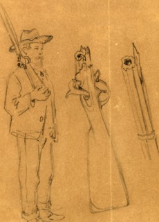 Full-length portrait of soldier with rifle and details of the weapon, 1860-1865, drawing,