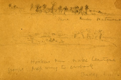 Shore near Matwomonsic and Hookers men make beautiful groups, preparing to embark, Budd's Ferry,