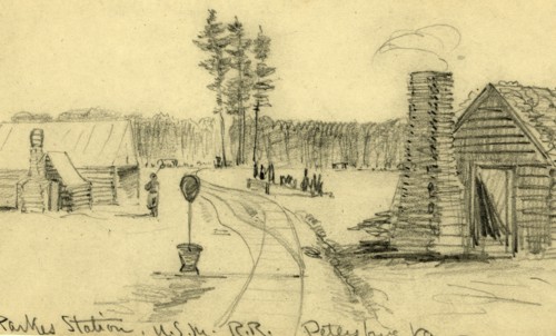 Parkes Station, U.S.M.R.R, Petersburg Va, 1860-1860, drawing, 1862-1865, by Alfred R Waud,