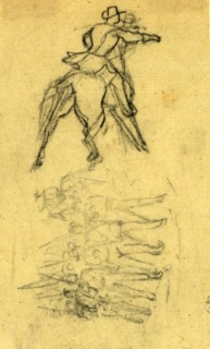 Two sketches: officer on horse and marching figures with rifles, between 1860 and 1865, drawing on