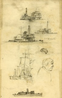 Broadside and bow views of eight ships and boats, and an unidentified profile bust portrait,