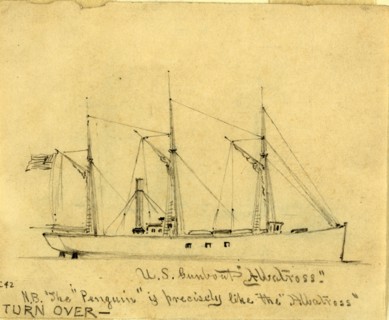 U.S. Gunboat Albatross, between 1860 and 1865, drawing on cream paper pencil, 8.4 x 10.4 cm.