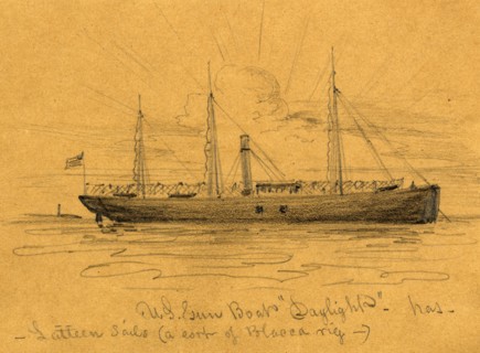 U.S. Gun Boat Daylight, between 1860 and 1865, drawing on brown paper pencil, 10.2 x 14 cm.