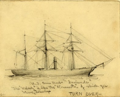 U.S. Gun Boat Seminole, between 1860 and 1865, drawing on cream paper pencil, 8.3 x 10.4 cm.