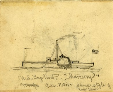 U.S. Tug Boat Mercury, between 1860 and 1865, drawing on cream paper pencil, 8.3 x 10.4 cm.
