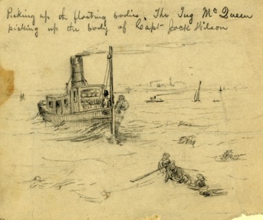 Picking up the floating bodies. The Tug McQueen picking up the body of Capt. Jack Wilson, between