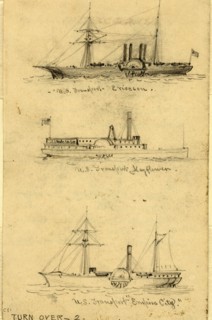 Broadside views of three sidewheel steamships: U.S. Transport Ericcson, U.S. Transport Mayflower,