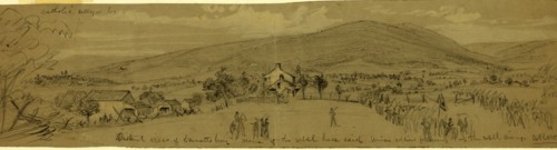 Distant view of Emmettsburg,  scene of the rebel horse raid; Union soldiers following up the rebel
