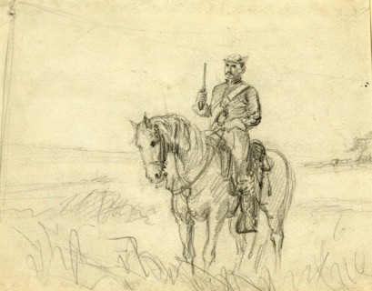 Soldier on horse, between 1860 and 1865, drawing on white card pencil, 19.4 x 30.4 cm. (sheet),