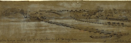 Pontoon bridges erected for Sedgwicks corps to cross upon, 1863, drawing on olive paper pencil and