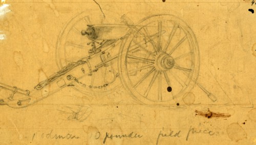 Rodman 10 pounder field piece, between 1860 and 1865, drawing on tan paper pencil, 9.9 x 18.1 cm.