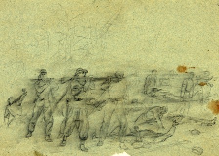 Wounded being carried away, 1864 May 6, drawing on olive paper pencil, 17.4 x 25.1 cm. (sheet),