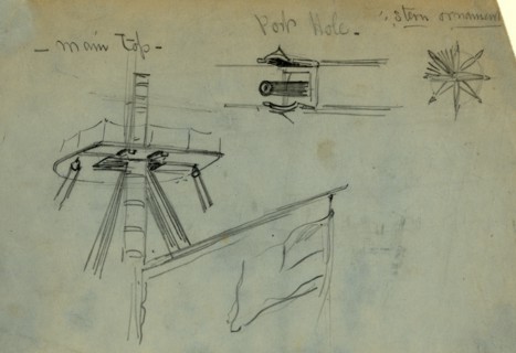 Three details of ship design, between 1860 and 1865, drawing on blue paper pencil, 13.6 x 20.6 cm.