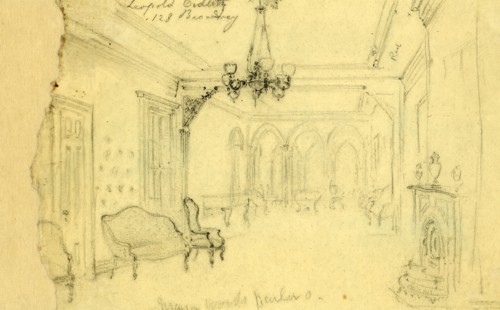 Mayor Woods parlor, between 1860 and 1865, drawing on cream paper pencil 17.5 x 25.6 cm. (sheet),