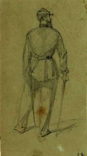 Single figure in uniform, seen from the rear, between 1860 and 1865, drawing on olive paper pencil,
