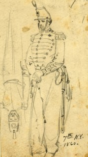 Sketches of soldiers wearing the 7th New York Cavalry regiment uniform, 1861, drawing on cream