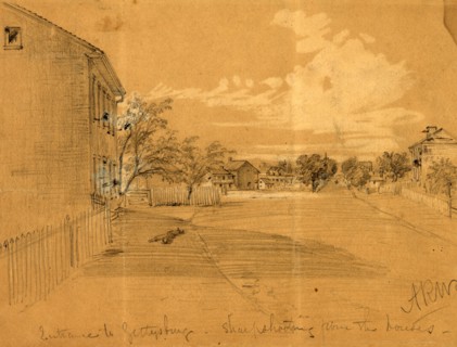 Entrance to Gettysburg, sharpshooting from the houses, 1863 July, drawing on light brown paper,