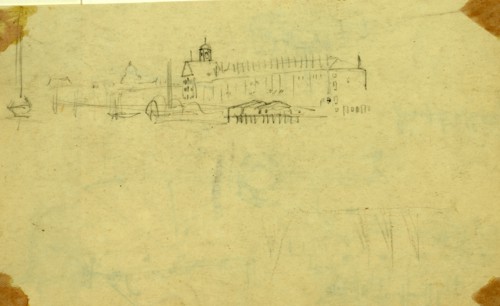 Unidentified city view, capitol done in distance, between 1860 and 1865, drawing on cream paper