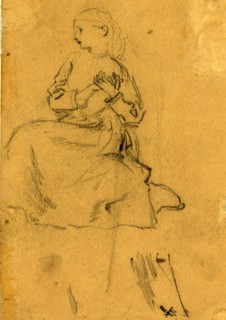 Young girl with clasped hands, between 1860 and 1865, drawing on brown paper pencil, 14.0 x 8.9 cm.