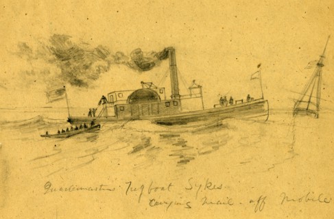 Quartermasters Tugboat Sykes, carrying mail off Mobile, between 1860 and 1865, drawing on tan paper