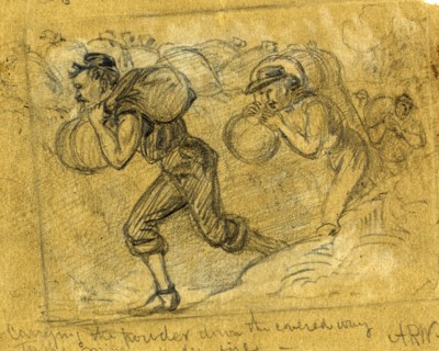 Carrying the powder down the covered way to the mine under fire, 1864 ca. July 30, drawing on green
