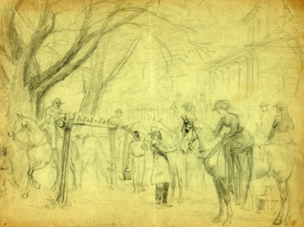 The hitching post, Va,  between 1860 and 1865, drawing on olive paper pencil, 25.1 x 33.7 cm.