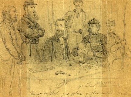 Provost Marshal--and police of Alexandria searching and examining a prisoner of war, 1861 ca. July,