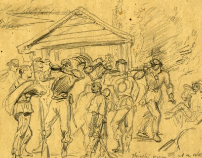 Thirsty men at a well, 1860-1865, drawing, 1862-1865, by Alfred R Waud, 1828-1891, an american