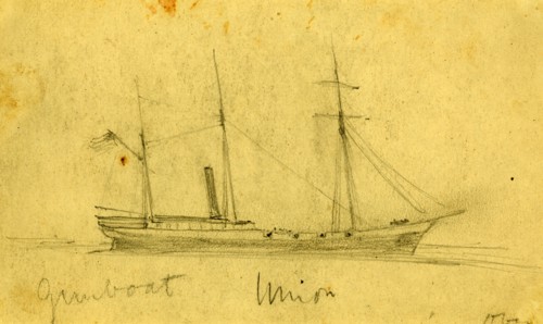Gunboat Union, between 1860 and 1865, drawing on cream paper pencil, 10.5 x 17.6 cm. (sheet),