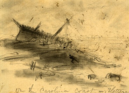 On the Carolina coast nr. Hatteras, 1861 August?, drawing on cream paper pencil, 7.8 x 11.0 cm.